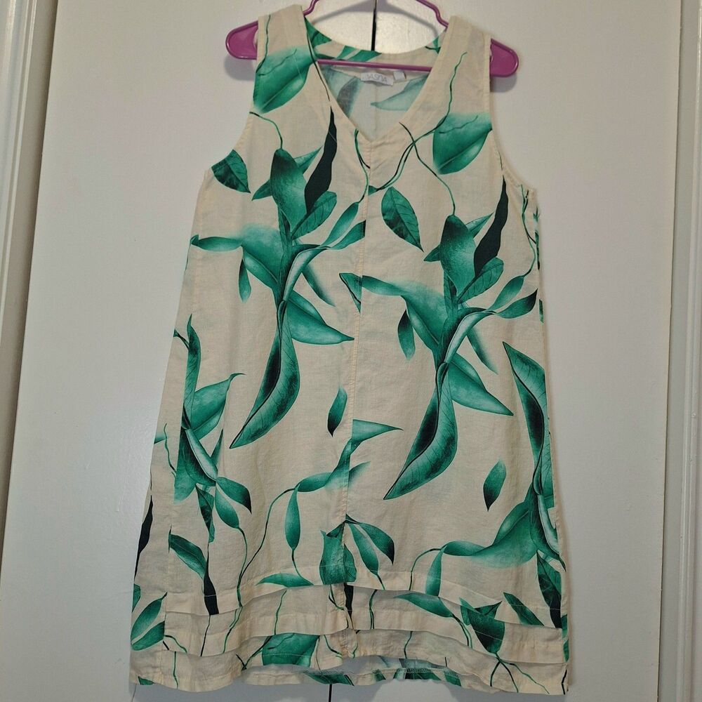 Vasna Dress Womens XL Green Leaf Linen Shift Sleeveless V-Neck Made In Italy